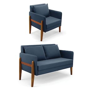 Kit 1 Sofá Namoradeira e 1 Poltrona Lana Suede Azul Marinho Base de Madeira - D`Rossi