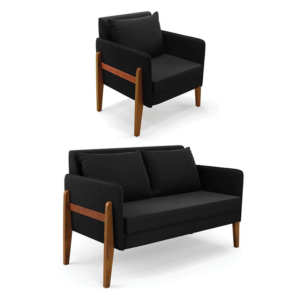 Kit 1 Sofá Namoradeira e 1 Poltrona Lana Suede Preto Base de Madeira - D`Rossi