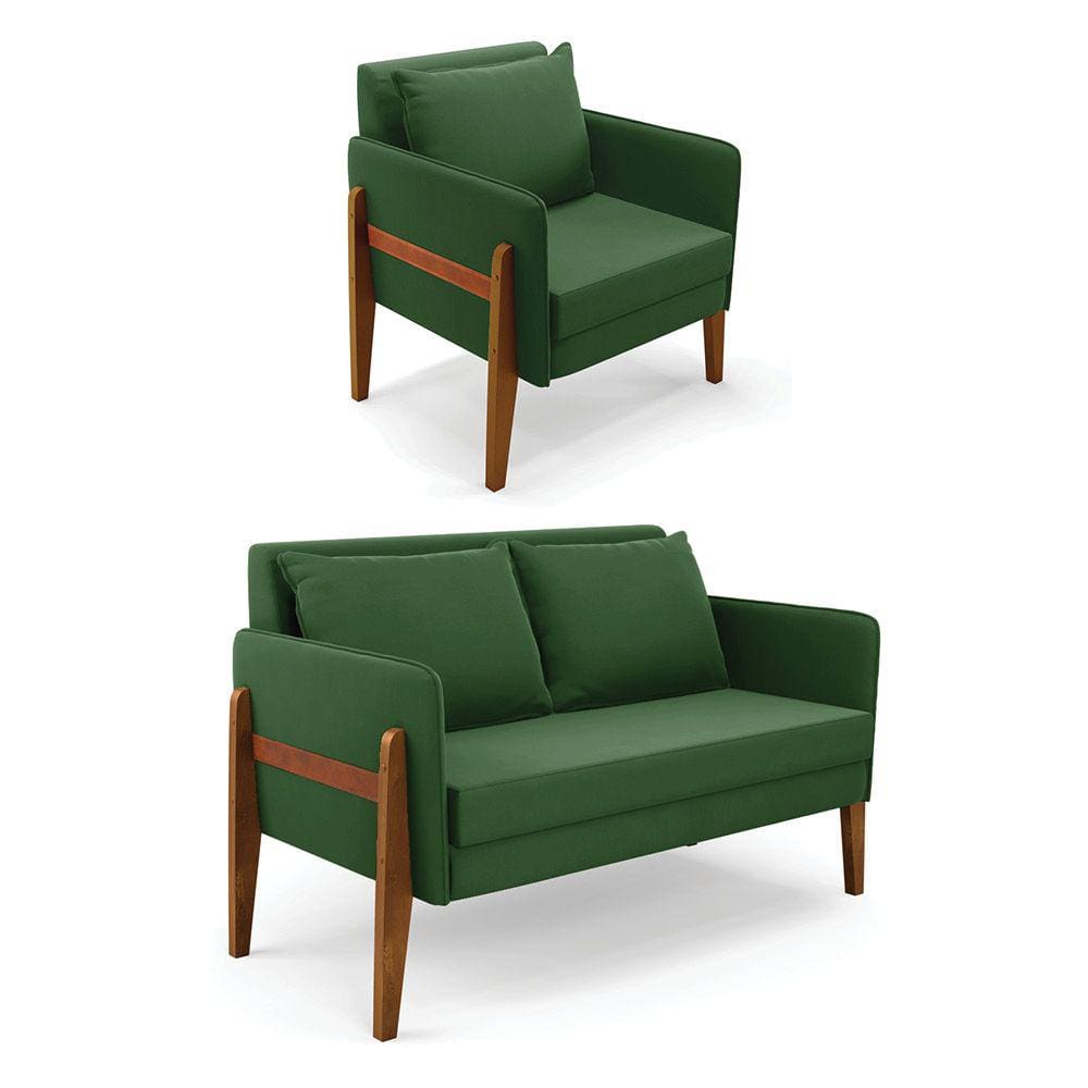 Kit 1 Sofá Namoradeira e 1 Poltrona Lana Suede Verde Base de Madeira - D`Rossi