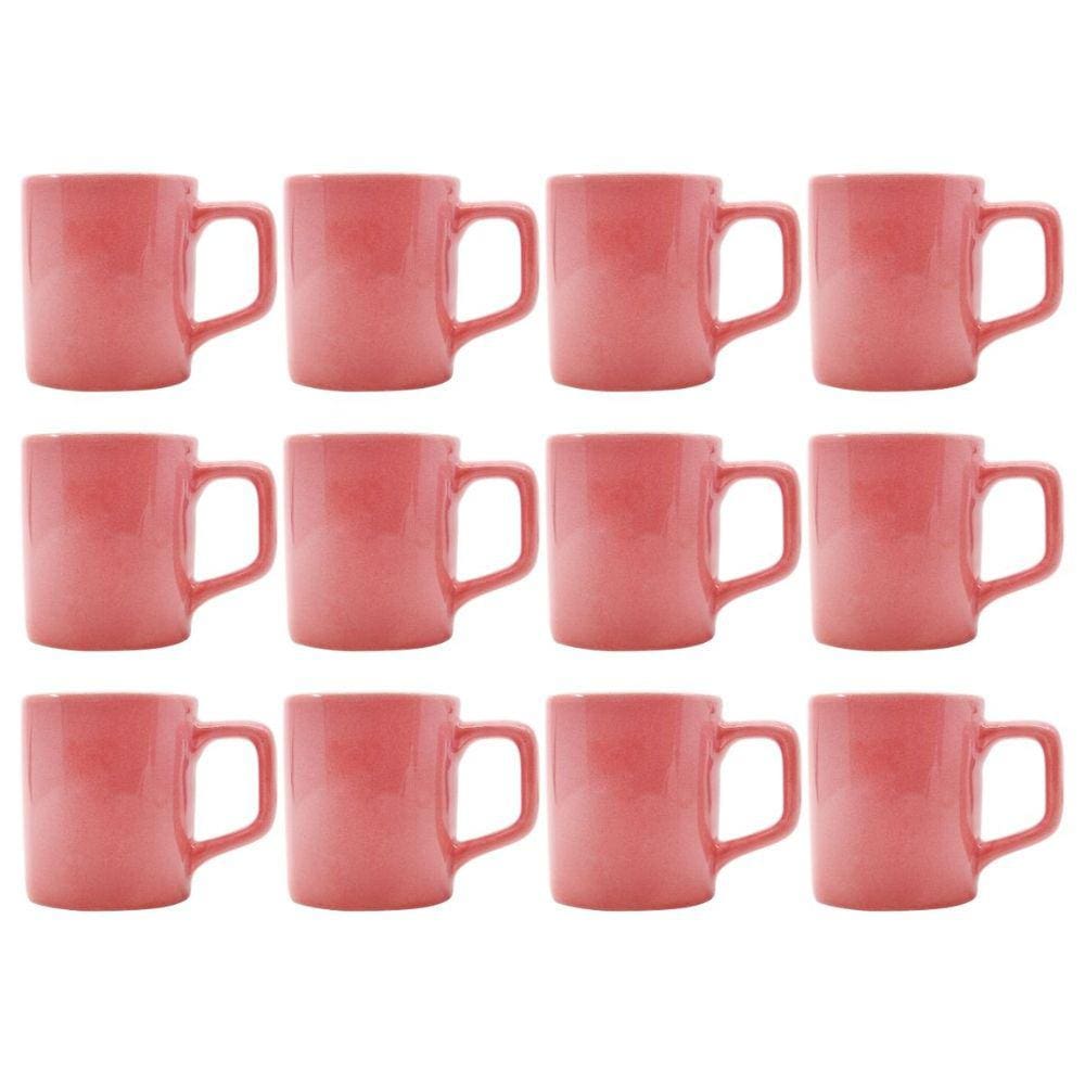 Jogo 12 Xícaras Café 80mL Cerâmica Rosa Mesa Posta