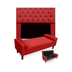 Kit Cabeceira Estofada Mirage E Recamier Baú Fenix Queen 160 cm Suede Vermelho - LM DECOR