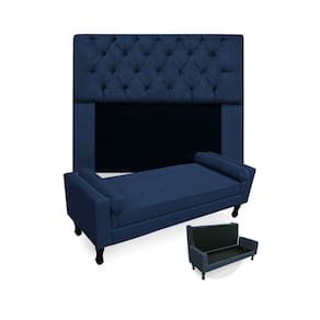 Kit Cabeceira Estofada Mirage E Recamier Baú Fenix King 195 cm Suede Azul Marinho - LM DECOR