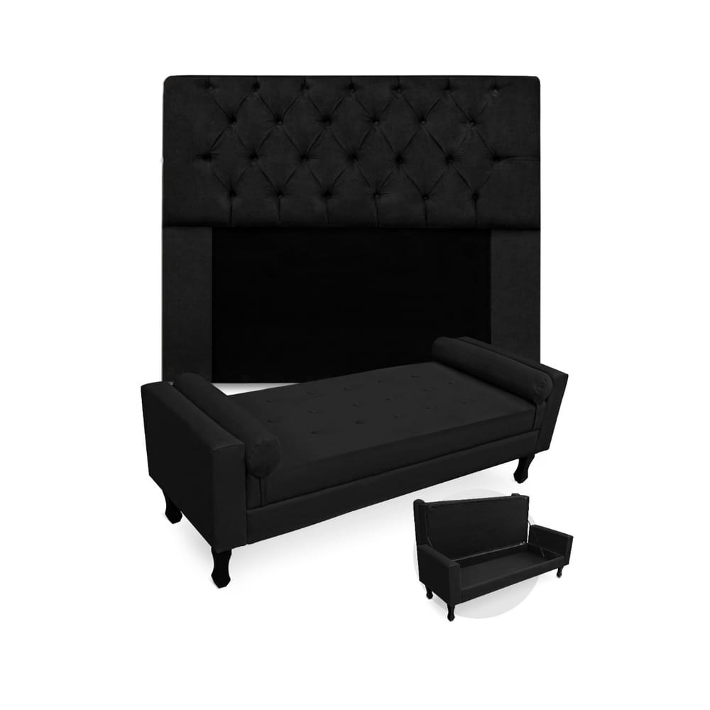 Kit Cabeceira Estofada Mirage E Recamier Baú Fenix Solteiro 90 cm Suede Preto - LM DECOR