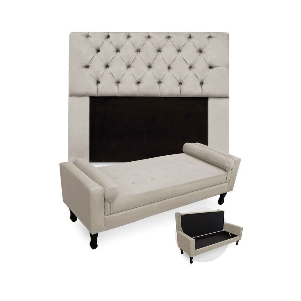 Kit Cabeceira Estofada Mirage E Recamier Baú Fenix King 195 cm Suede Bege - LM DECOR