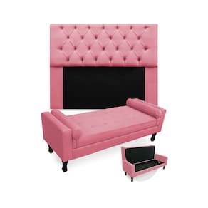 Kit Cabeceira Estofada Mirage E Recamier Baú Fenix King 195 cm Suede Rosa Barbie - LM DECOR