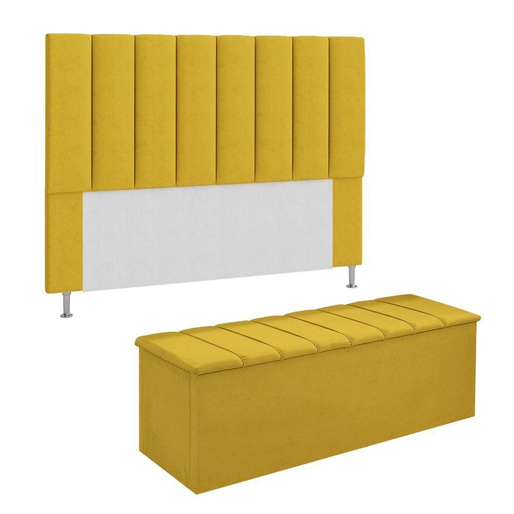 Conjunto Cabeceira E Calçadeira Cancun Para Cama Box Queen 160 cm Suede Amarelo - LM DECOR