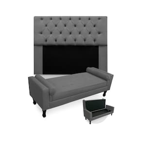 Conjunto Cabeceira Mirage Com Recamier Baú Fenix Solteiro 90 cm Suede Cinza - LM DECOR