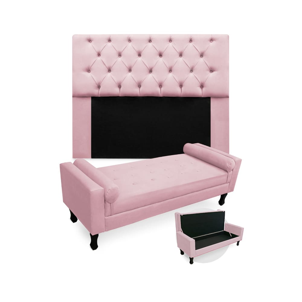 Conjunto Cabeceira Mirage Com Recamier Baú Fenix Casal 140 cm Suede Rosa Bebe - LM DECOR