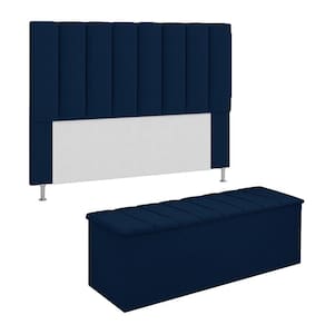 Conjunto Cabeceira E Calçadeira Cancun Para Cama Box Casal 140 cm Suede Azul Marinho - LM DECOR