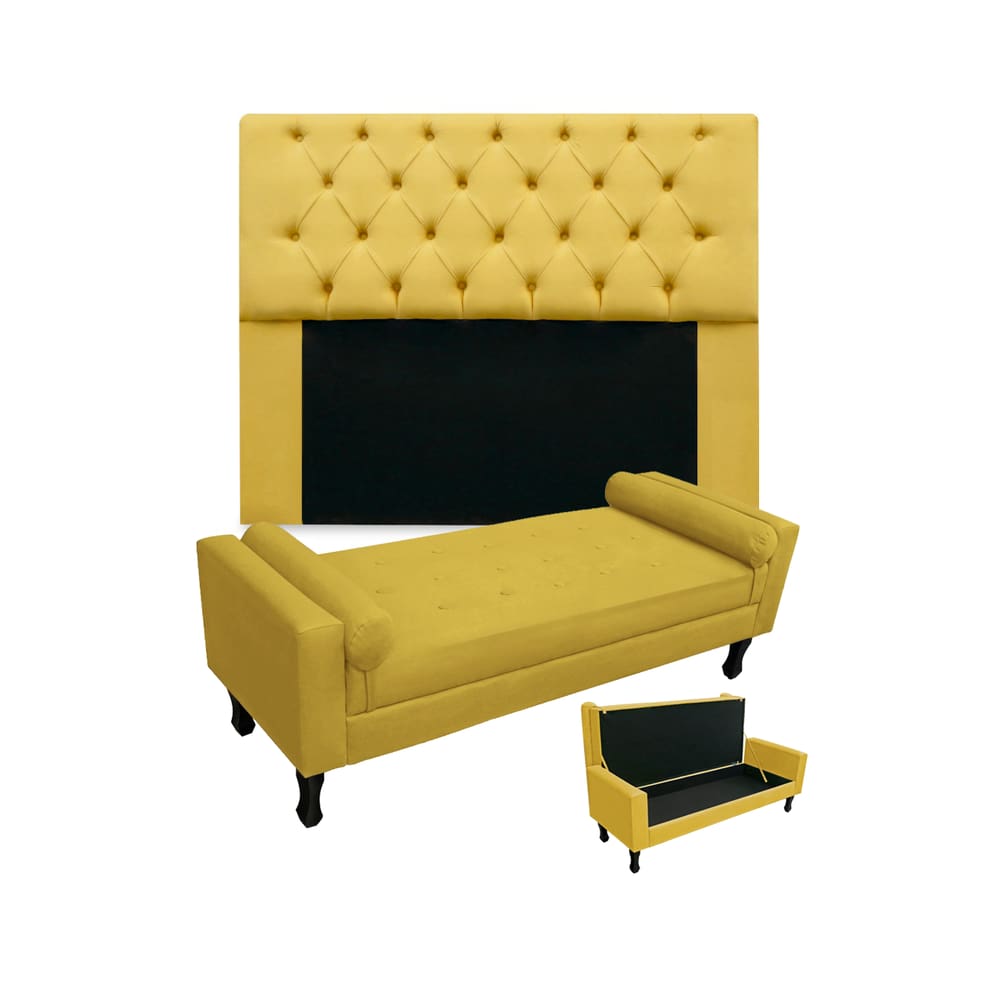 Conjunto Cabeceira Mirage Com Recamier Baú Fenix Casal 140 cm Suede Amarelo - LM DECOR
