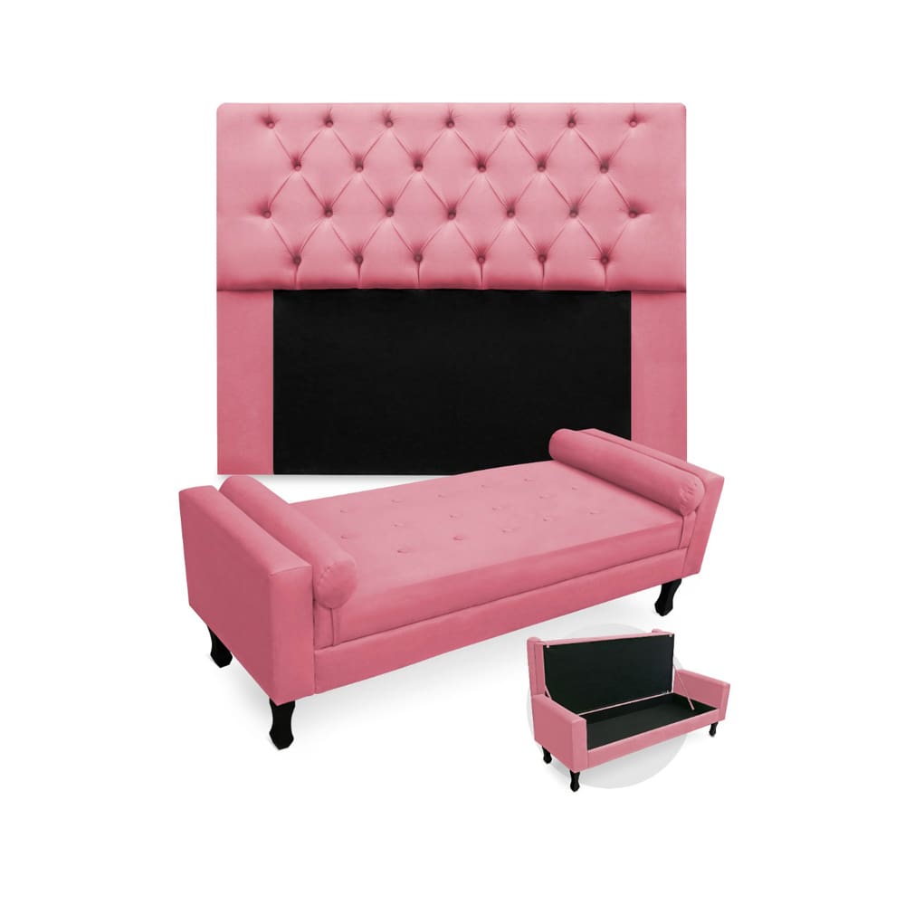 Conjunto Cabeceira Mirage Com Recamier Baú Fenix Solteiro 90 cm Suede Rosa Barbie - LM DECOR
