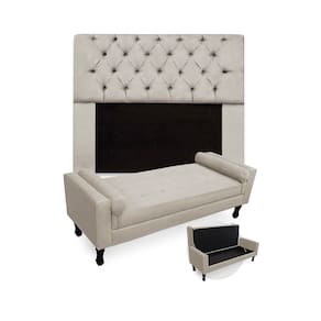 Conjunto Cabeceira Mirage Com Recamier Baú Fenix Queen 160 cm Suede Bege - LM DECOR