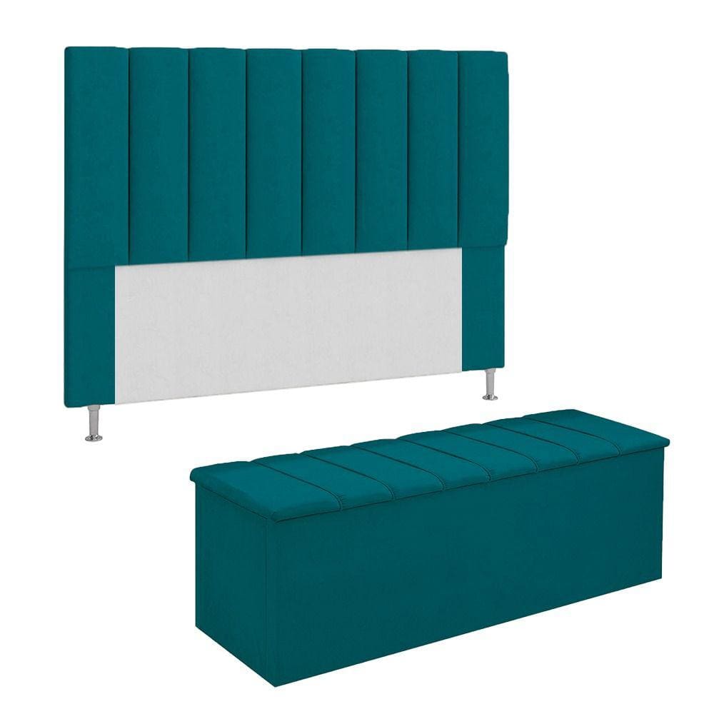 Conjunto Cabeceira E Calçadeira Cancun Para Cama Box King 195 cm Suede Azul Turquesa - LM DECOR