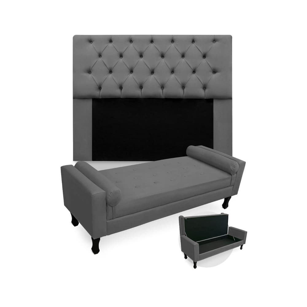 Combo Cabeceira Mirage + Recamier Baú Fenix Solteiro 90 cm Suede Cinza - LM DECOR