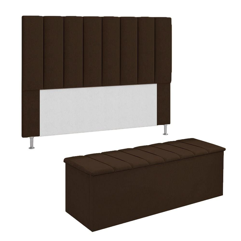 Conjunto Cabeceira E Calçadeira Cancun Para Cama Box Casal 140 cm Suede Marrom - LM DECOR