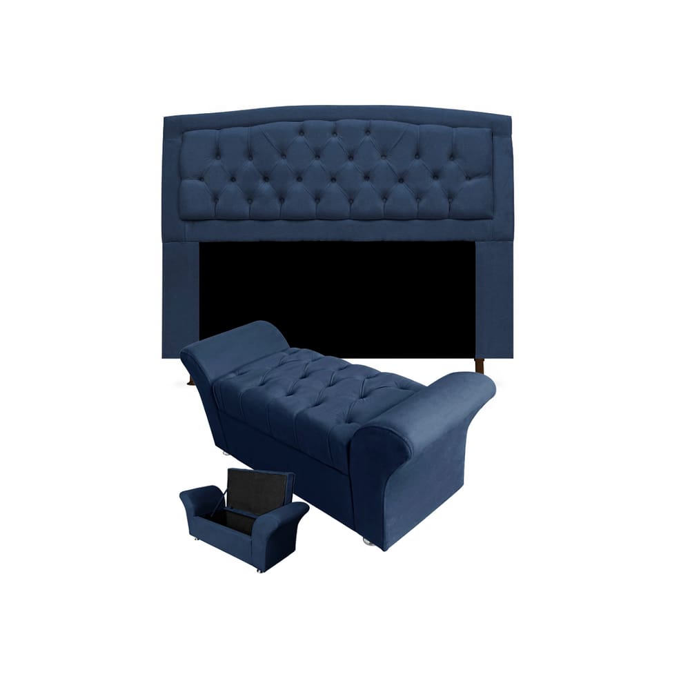 Cabeceira Geovana e Calçadeira Veneza Estofada Queen 160cm Suede Azul Marinho - LM DECOR