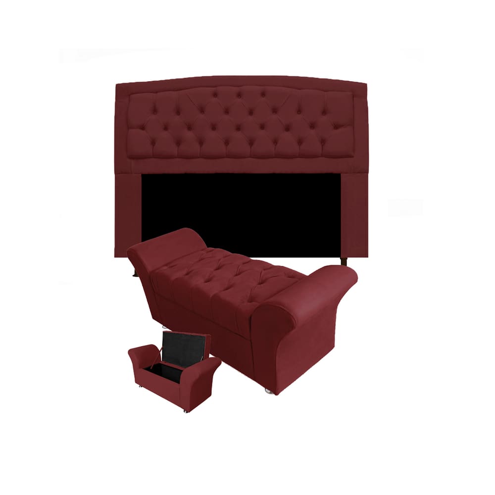 Cabeceira Geovana e Calçadeira Veneza Baú Queen 160cm Suede Vermelho Bordo - LM DECOR