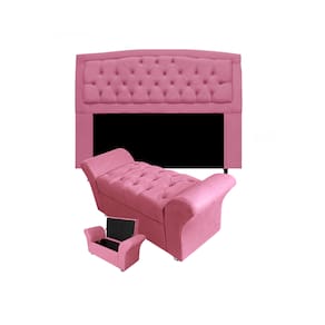 Cabeceira Geovana e Calçadeira Veneza Baú Solteiro 90cm Suede Rosa Barbie - LM DECOR