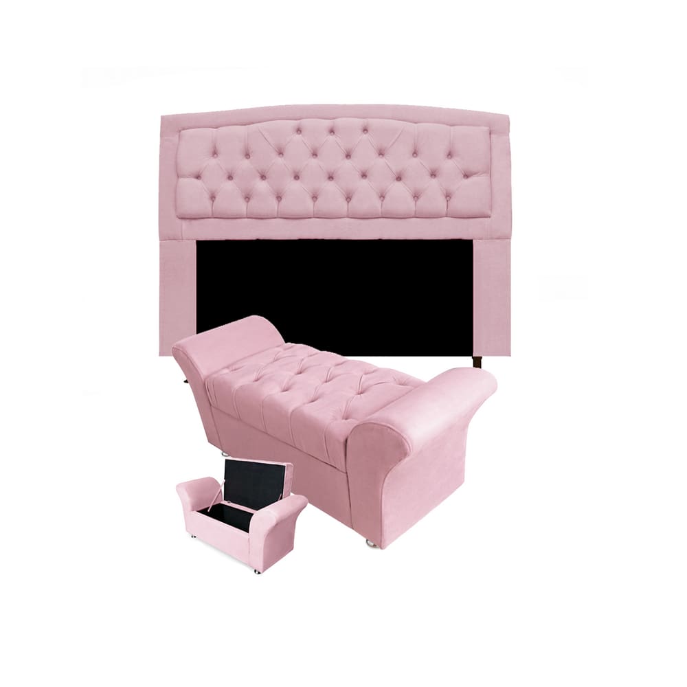 Cabeceira Geovana e Calçadeira Veneza Baú Solteiro 90cm Suede Rosa Bebe - LM DECOR