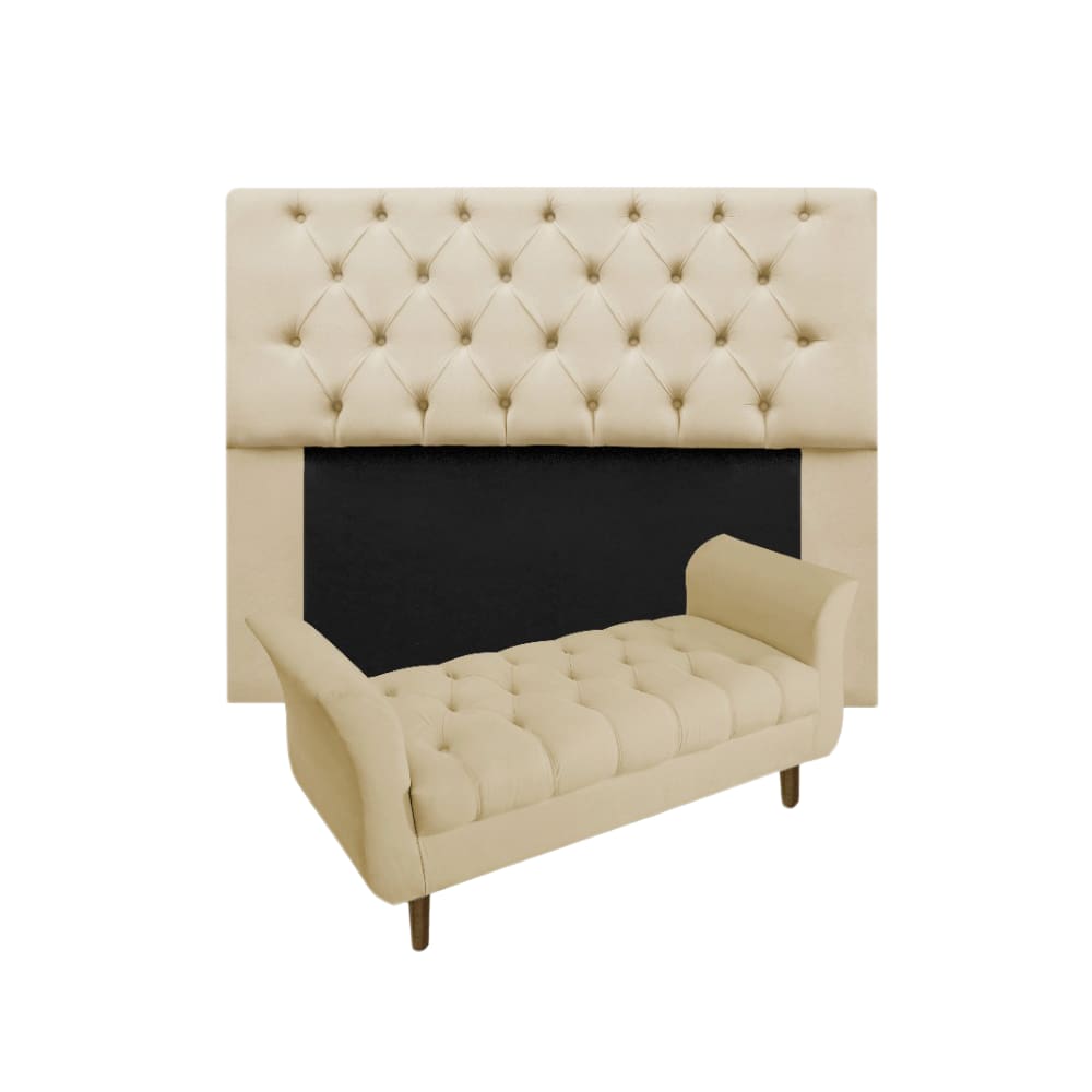 Cabeceira Mirage + Recamier Grécia Com Capitonê Queen 160 cm Suede Bege - LM DECOR