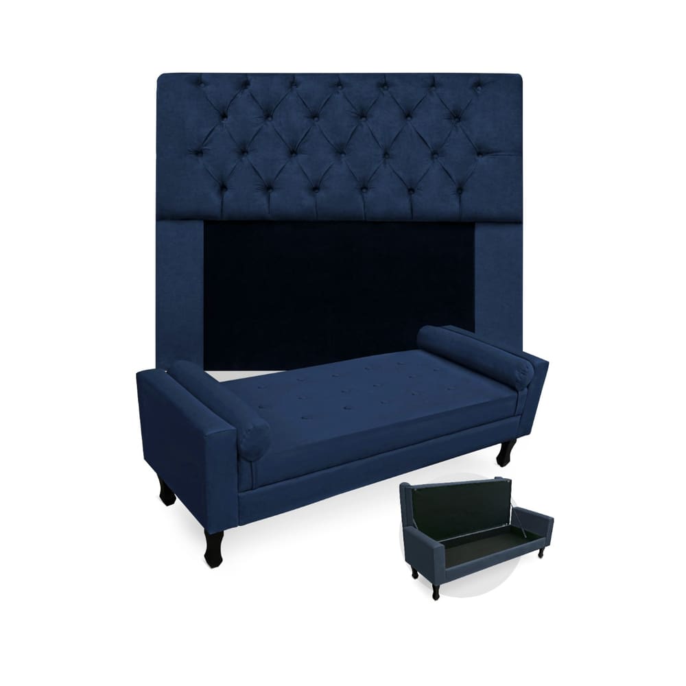 Conjunto Cabeceira Mirage Com Recamier Baú Fenix Solteiro 90 cm Suede Azul Marinho - LM DECOR