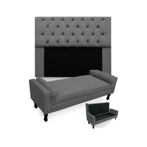 Conjunto Cabeceira Mirage Com Recamier Baú Fenix Casal 140 cm Suede Cinza - LM DECOR