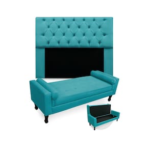 Combo Cabeceira Mirage + Recamier Baú Fenix Solteiro 90 cm Suede Azul Turquesa - LM DECOR