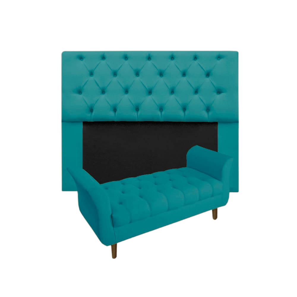 Cabeceira Estofada Mirage e Recamier Grécia Casal 140 cm Suede Azul Turquesa - LM DECOR