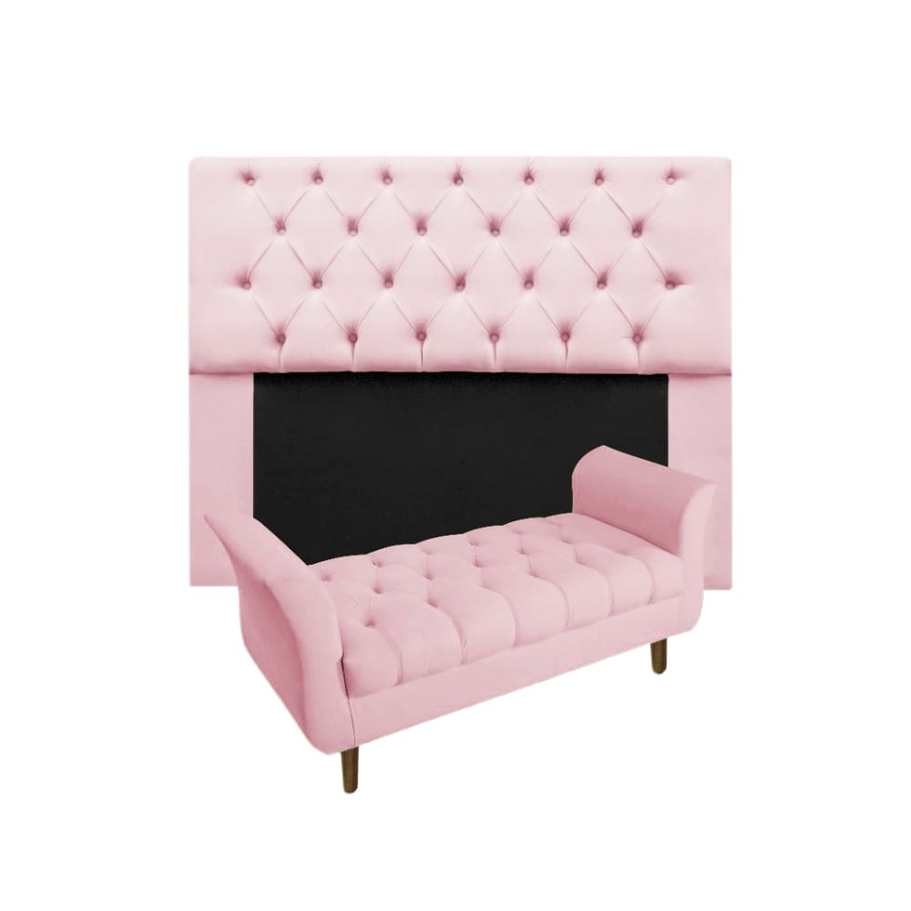 Cabeceira Mirage + Recamier Grécia Com Capitonê Solteiro 90 cm Suede Rosa Bebe - LM DECOR