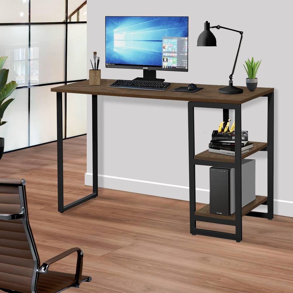 Escrivaninha Industrial Em Aço 1,20 Com Prateleiras Imbuia Preto Lux Steel Mobile - Marrom