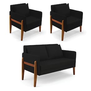 Kit 1 Sofá Namoradeira e 2 Poltronas Lana Linho Preto A79 Base de Madeira - D`Rossi