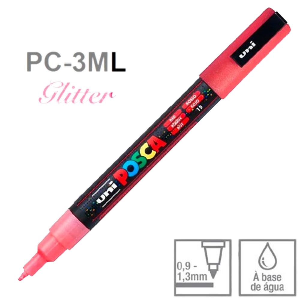 Caneta Posca PC-3ML Vermelho c/ Glitter Marcador ponta fina