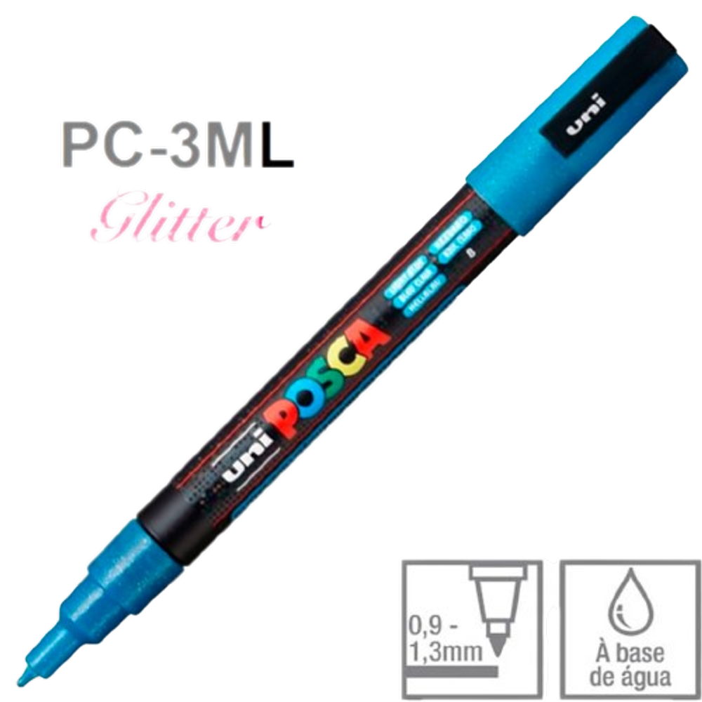 Caneta Posca PC-3ML Azul Claro Glitter Marcador ponta fina