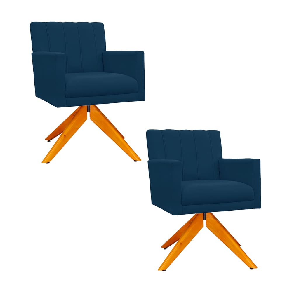 Conjunto 2 Poltronas Estofadas Base Giratória De Madeira Cecília Suede Azul Marinho - LM DECOR