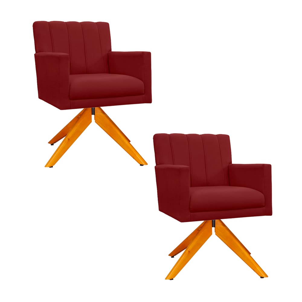 Conjunto 2 Poltronas Estofadas Base Giratória De Madeira Cecília Suede Vermelho Bordô - LM DECOR