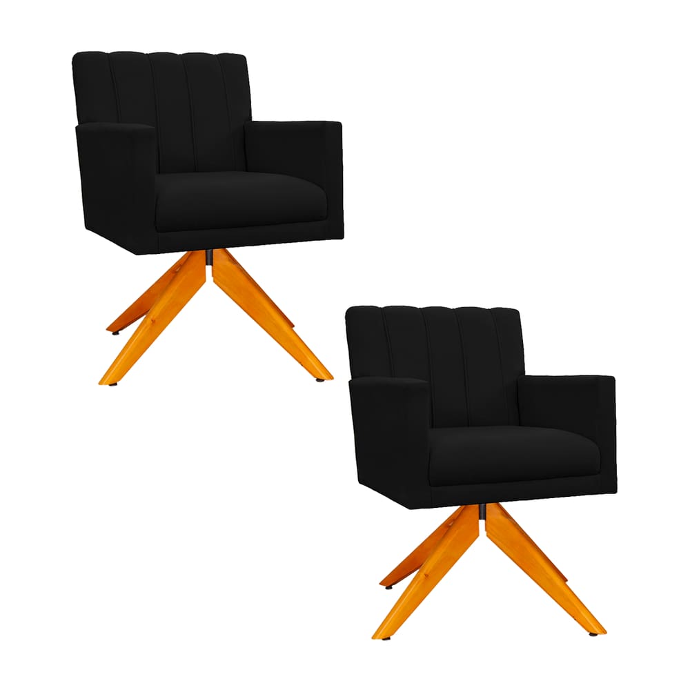 Conjunto 2 Poltronas Estofadas Base Giratória De Madeira Cecília Suede Preto - LM DECOR
