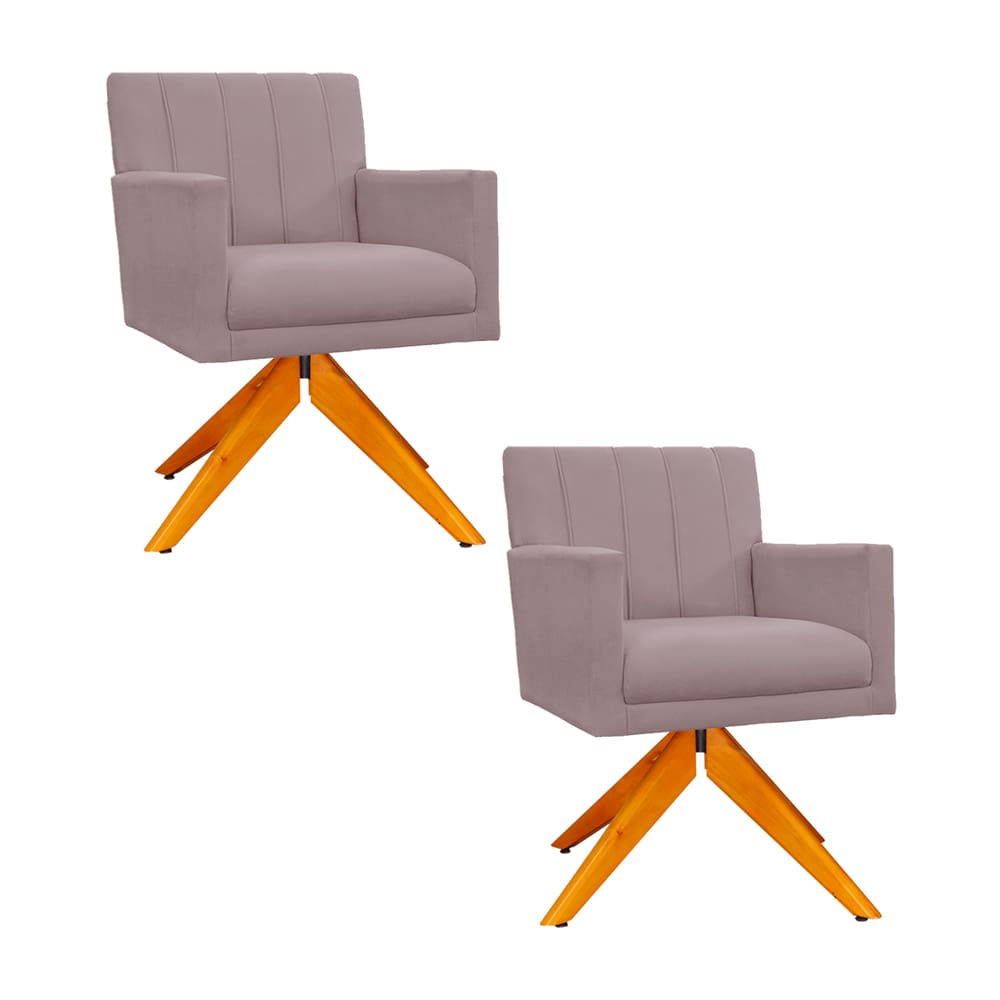 Conjunto 2 Poltronas Estofadas Base Giratória De Madeira Cecília Veludo Rose - LM DECOR