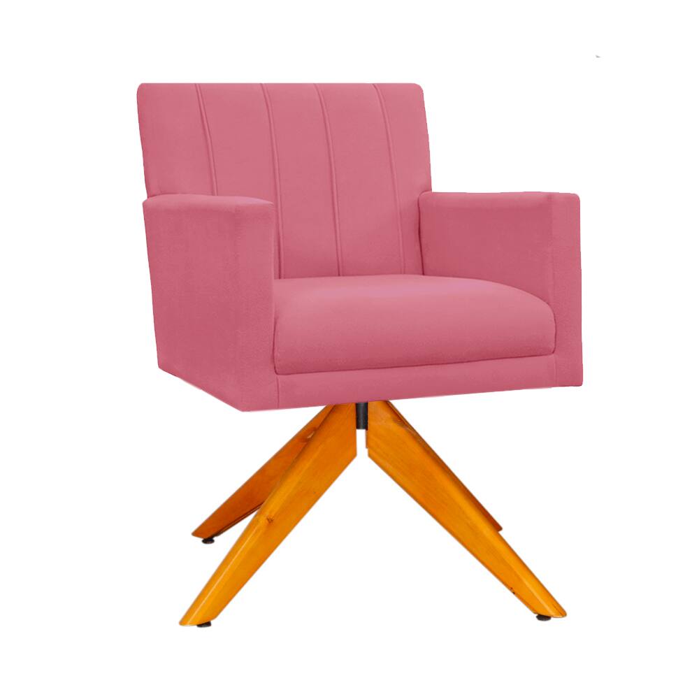 Poltrona Estofada Com Pés Giratório De Madeira Cecília Suede Rosa Barbie - LM DECOR
