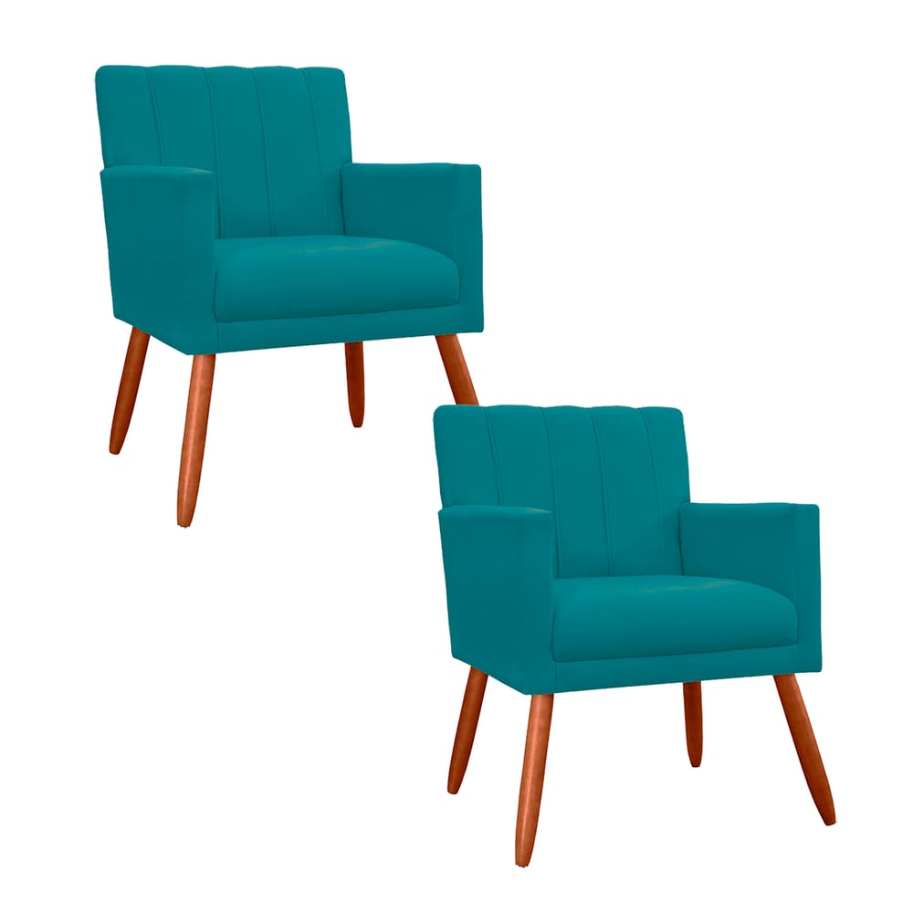 Kit 2 Poltronas Decorativa P/ Recepção Cecília Suede Azul Turquesa - LM DECOR