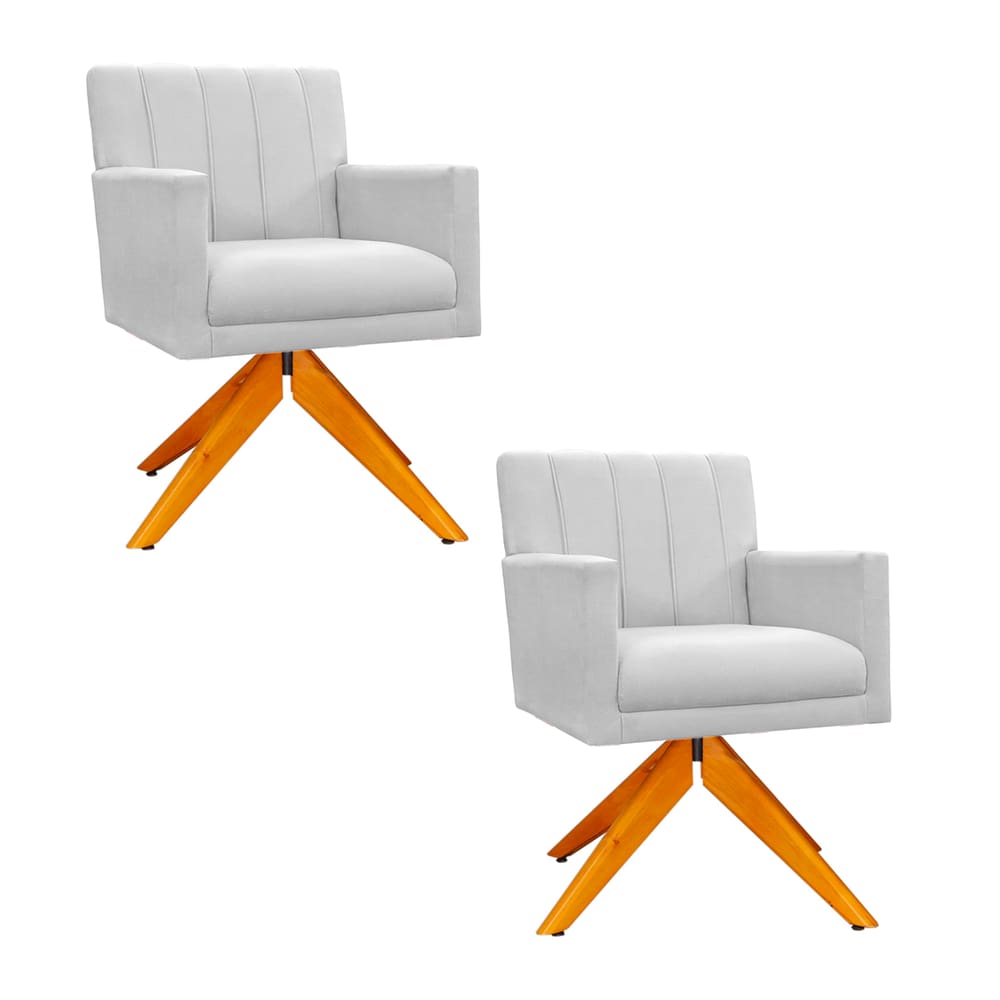 Conjunto 2 Poltronas Estofadas Base Giratória De Madeira Cecília Suede Branco - LM DECOR