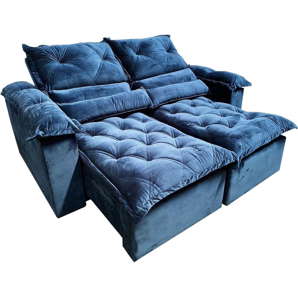Sofá com Molas 2 Lugares Retrátil e Reclinável Santorini Fofíssimo Tecido Veludo 180cm Azul