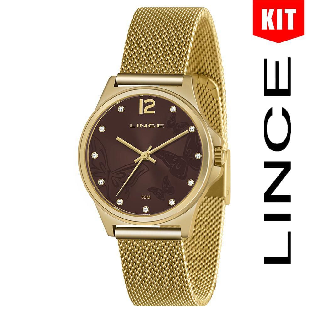 Relógio LINCE KIT feminino dourado marrom LRG4729L KP64M2KX