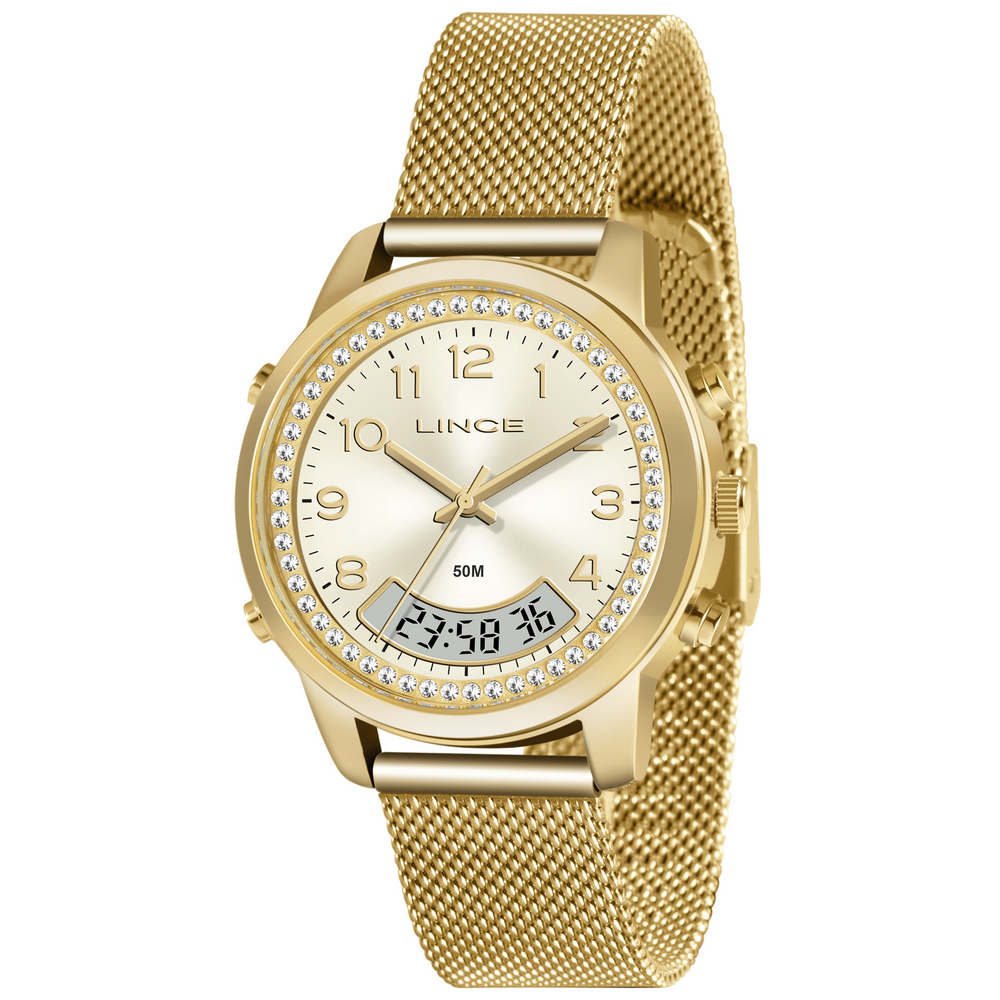 Relógio LINCE feminino dourado strass anadigi LAG4714L C2KX