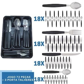 Faqueiro 72 Pçs C/ 3 Porta Talheres Preto Aço Inox Berlim