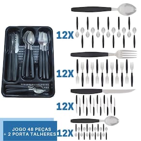 Faqueiro 48 Pçs C/ 2 Porta Talheres Preto Aço Inox Berlim