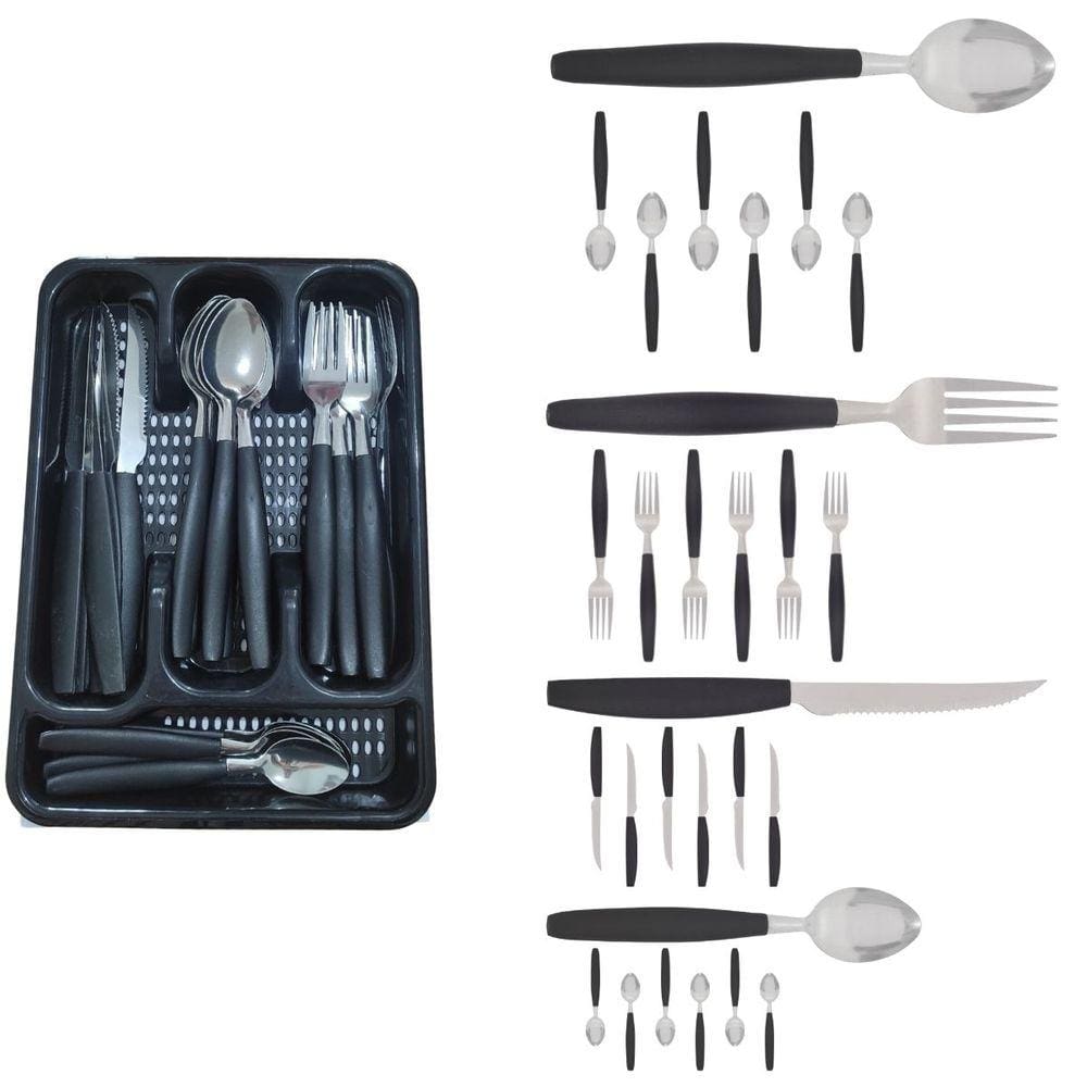 Kit Faqueiro Inox Berlim 24 Pçs C/ 1 Porta Talheres Preto