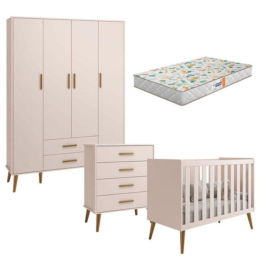 Quarto de Bebê Isis 4 Portas com Gaveteiro Rosa Acetinado com Colchão Gazin - Reller