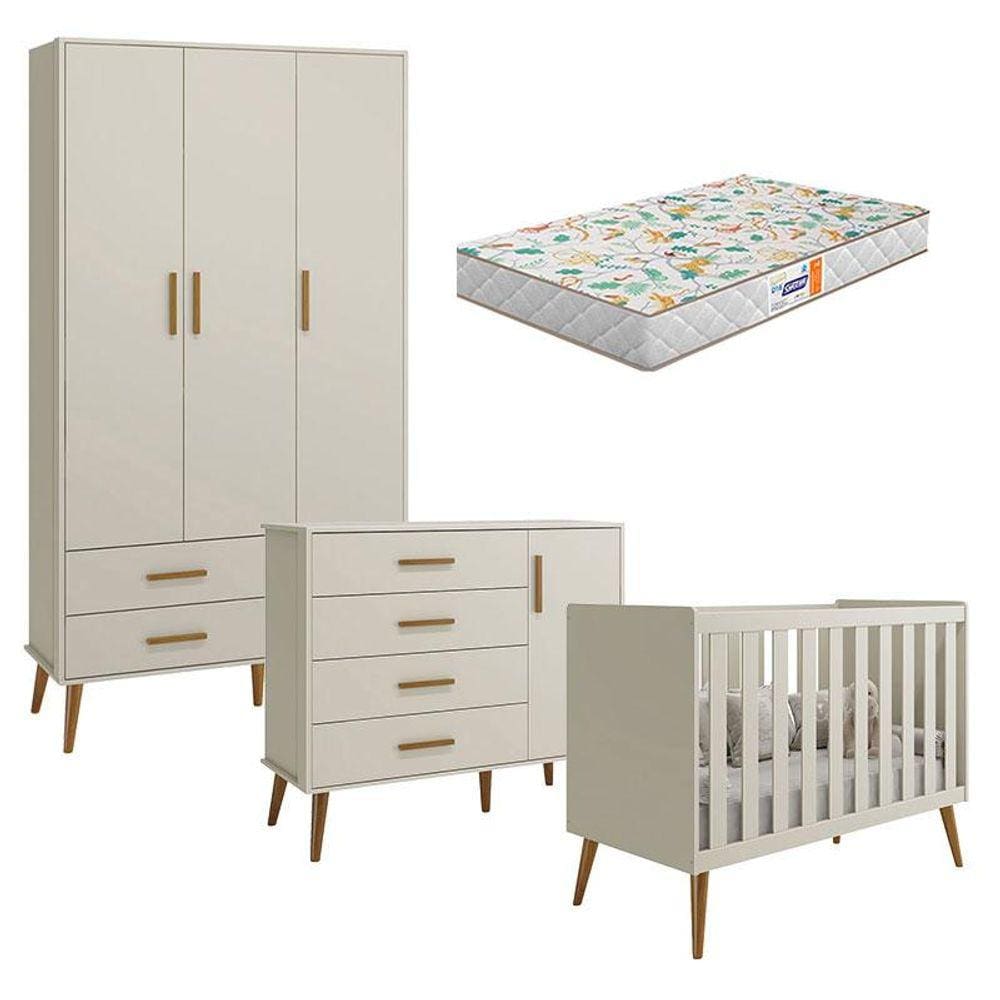 Quarto de Bebê Isis 3 Portas Areia Acetinado com Colchão Gazin - Reller