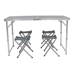 Conjunto Kit Mesa 4 Bancos Dobráveis Aluminio Camping Cinza