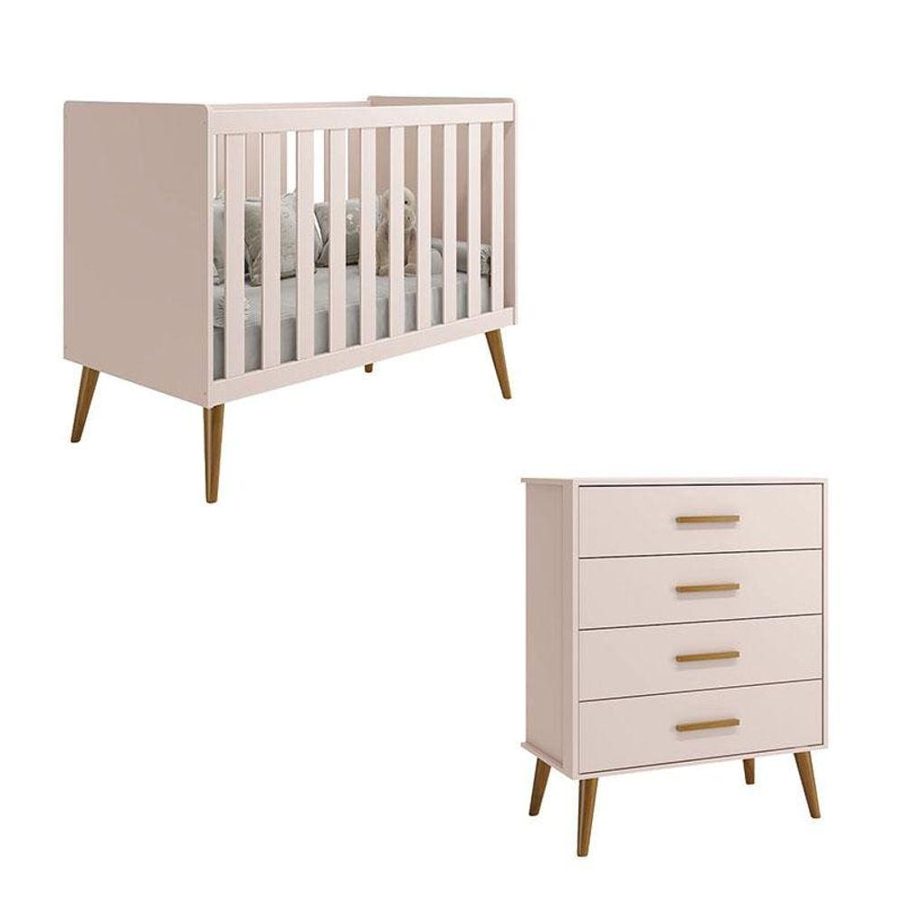 Berço Americano e Cômoda Gaveteiro Infantil Isis Rosa Acetinado - Reller